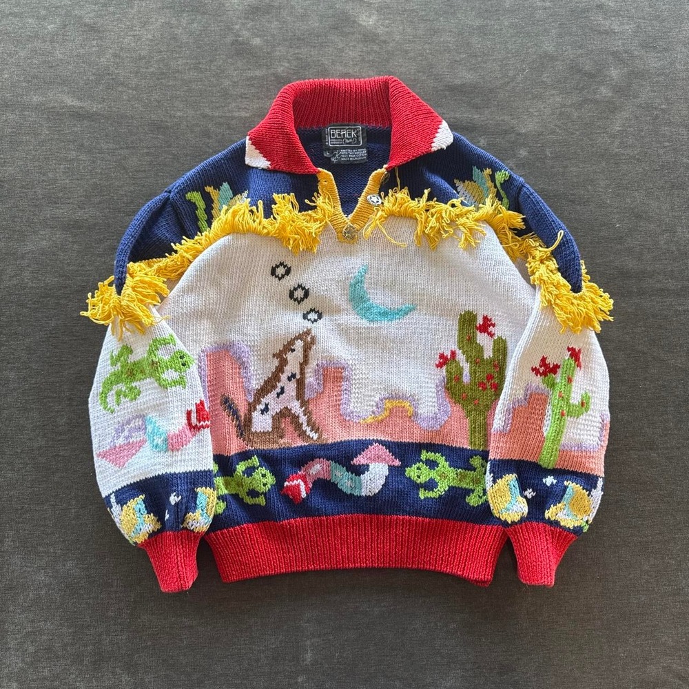 Vintage 80s Berek Handknit Novelty Sweater Cowgirl Horse Cactus Pima Cotton L S